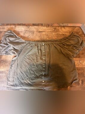 American Eagle Outfitters Olive Green Off-Shoulder Button-Front Top